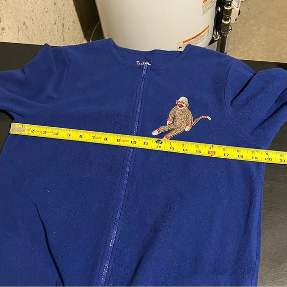 Nick & Nora Sock Monkey Footed Pjs Pajamas M Sleepwear Royal Blue Fleece Pocket - Picture 9 of 12